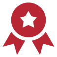 Red award ribbon with star on black background.