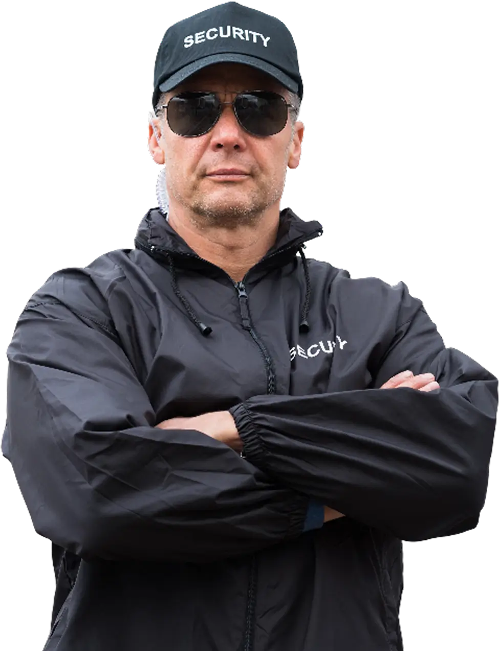 Security guard with crossed arms and sunglasses